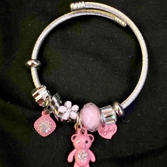🧸🎀 Stainless Steel Pink Rhinestone & Teddy Bear Adjustable Bracelet NWT - Picture 7 of 8